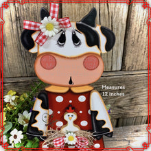 Load image into Gallery viewer, Farmhouse Cow decoration, Tiered tray cow decor, Country style Cow and chicken, Wooden Cow shelf sitter on base black and white cow, cowgirl