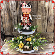 Load image into Gallery viewer, Farmhouse Cow decoration, Tiered tray cow decor, Country style Cow and chicken, Wooden Cow shelf sitter on base black and white cow, cowgirl