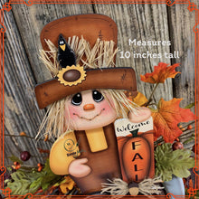 Load image into Gallery viewer, Fall Scarecrow decoration, tier tray, kitchen island fall arrangement, riser decor, wooden shelf sitter, Halloween, Farmhouse, Thanksgiving