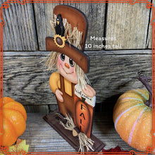Load image into Gallery viewer, Fall Scarecrow decoration, tier tray, kitchen island fall arrangement, riser decor, wooden shelf sitter, Halloween, Farmhouse, Thanksgiving