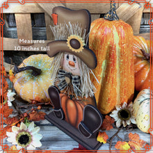 Load image into Gallery viewer, Fall Scarecrow decoration, tier tray, kitchen island fall arrangement, riser decor, wooden shelf sitter, Halloween, Farmhouse, Thanksgiving