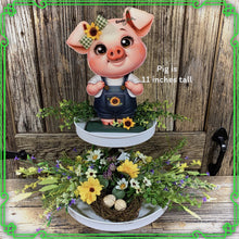 Load image into Gallery viewer, Farmhouse pig decoration, Tiered tray pig decor, pig shelf sitter, baby pig with bow, Wooden pig, pig kitchen decoration, Pig farmhouse sign