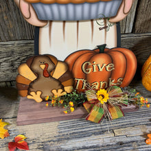 Load image into Gallery viewer, Thanksgiving decoration, Pilgrim and Turkey for entryway decor, Autumn arrangement, Fall centerpiece, pumpkin pie decor, Give Thanks sign