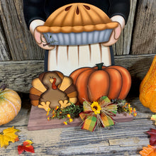 Load image into Gallery viewer, Thanksgiving decoration, Pilgrim and Turkey for entryway decor, Autumn arrangement, Fall centerpiece, pumpkin pie decor, Give Thanks sign