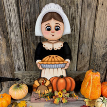 Load image into Gallery viewer, Thanksgiving decoration, Pilgrim and Turkey for entryway decor, Autumn arrangement, Fall centerpiece, pumpkin pie decor, Give Thanks sign