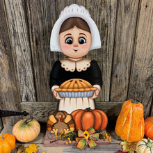 Load image into Gallery viewer, Thanksgiving decoration, Pilgrim and Turkey for entryway decor, Autumn arrangement, Fall centerpiece, pumpkin pie decor, Give Thanks sign