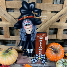 Load image into Gallery viewer, Fall Halloween decoration, Witch and black cat decor, fall kitchen countertop, mantle, Wooden Witch sign shelf sitter, witch hat arrangement