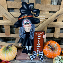 Load image into Gallery viewer, Fall Halloween decoration, Witch and black cat decor, fall kitchen countertop, mantle, Wooden Witch sign shelf sitter, witch hat arrangement