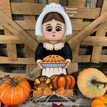 Load image into Gallery viewer, Thanksgiving Pilgrim and Turkey decor, fall shelf sitter, Fall Countertop decor, Thanksgiving centerpiece, girl Pilgrim, Turkey, Pumpkin pie