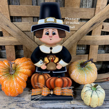 Load image into Gallery viewer, Thanksgiving Pilgrim and Turkey decor, fall shelf sitter, Fall Countertop decor, Thanksgiving centerpiece, Turkey and Pumpkin table floral