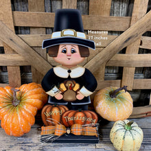 Load image into Gallery viewer, Thanksgiving Pilgrim and Turkey decor, fall shelf sitter, Fall Countertop decor, Thanksgiving centerpiece, Turkey and Pumpkin table floral