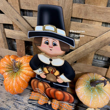 Load image into Gallery viewer, Thanksgiving Pilgrim and Turkey decor, fall shelf sitter, Fall Countertop decor, Thanksgiving centerpiece, Turkey and Pumpkin table floral