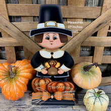 Load image into Gallery viewer, Thanksgiving Pilgrim and Turkey decor, fall shelf sitter, Fall Countertop decor, Thanksgiving centerpiece, Turkey and Pumpkin table floral
