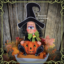 Load image into Gallery viewer, Halloween decoration, fall witch for table, cute witch tier tray, wooden sitting Witch and Jack-o-lantern shelf sitter, candy corn decor,