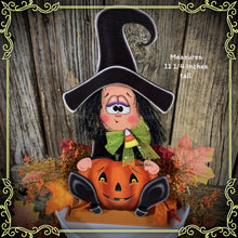 Load image into Gallery viewer, Fall Witch decor, witch tier tray decor, Sitting wood Witch and Jack-o-lantern shelf sitter, candy corn decor, Halloween kitchen, witch hat