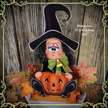 Load image into Gallery viewer, Halloween decoration, fall witch for table, cute witch tier tray, wooden sitting Witch and Jack-o-lantern shelf sitter, candy corn decor,