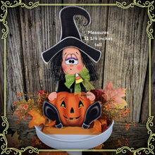 Load image into Gallery viewer, Halloween decoration, fall witch for table, cute witch tier tray, wooden sitting Witch and Jack-o-lantern shelf sitter, candy corn decor,