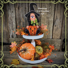 Load image into Gallery viewer, Halloween decoration, fall witch for table, cute witch tier tray, wooden sitting Witch and Jack-o-lantern shelf sitter, candy corn decor,
