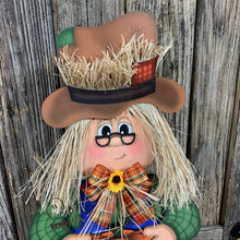 Load image into Gallery viewer, Scarecrow for Fall decoration, Pumpkin sign for porch, Hello Fall sign, Wooden Scarecrow with hat, Halloween porch decor, Thanksgiving decor