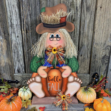 Load image into Gallery viewer, Scarecrow for Fall decoration, Pumpkin sign for porch, Hello Fall sign, Wooden Scarecrow with hat, Halloween porch decor, Thanksgiving decor