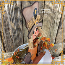 Load image into Gallery viewer, Fall Scarecrow decoration, tier tray, kitchen island fall arrangement, riser decor, wooden shelf sitter, Halloween, Farmhouse, Thanksgiving