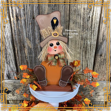 Load image into Gallery viewer, Fall Scarecrow decoration, tier tray, kitchen island fall arrangement, riser decor, wooden shelf sitter, Halloween, Farmhouse, Thanksgiving