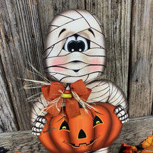 Load image into Gallery viewer, Halloween decoration, Mummy, Jack-o-lantern, pumpkin porch decor, Mummy shelf sitter, Halloween, Candy corn decor, Farmhouse fall decor,