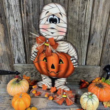 Load image into Gallery viewer, Halloween decoration, Mummy, Jack-o-lantern, pumpkin porch decor, Mummy shelf sitter, Halloween, Candy corn decor, Farmhouse fall decor,