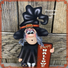 Load image into Gallery viewer, Fall Witch decor, small witch for tier tray, Wood Witch and black cat shelf sitter, Spooky black cat, witch decor, Halloween decor witch hat
