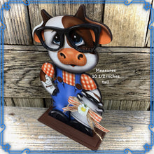 Load image into Gallery viewer, Farmhouse Cow decoration, Tiered tray cow decor, Cow shelf sitter, Cow with big glasses, Wooden Cow, highland cow, Vintage milk can, cowgirl