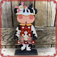Load image into Gallery viewer, Farmhouse Cow decoration, Tiered tray cow decor, Country style Cow and chicken, Wooden Cow shelf sitter on base black and white cow, cowgirl