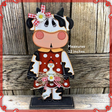 Load image into Gallery viewer, Farmhouse Cow decoration, Tiered tray cow decor, Country style Cow and chicken, Wooden Cow shelf sitter on base black and white cow, cowgirl