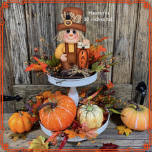 Load image into Gallery viewer, Fall Scarecrow decoration, tier tray, kitchen island fall arrangement, riser decor, wooden shelf sitter, Halloween, Farmhouse, Thanksgiving