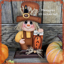 Load image into Gallery viewer, Fall Scarecrow decoration, tier tray, kitchen island fall arrangement, riser decor, wooden shelf sitter, Halloween, Farmhouse, Thanksgiving