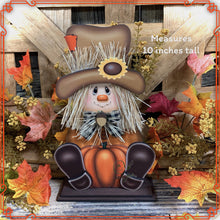 Load image into Gallery viewer, Fall Scarecrow decoration, tier tray, kitchen island fall arrangement, riser decor, wooden shelf sitter, Halloween, Farmhouse, Thanksgiving