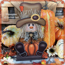 Load image into Gallery viewer, Fall Scarecrow decoration, tier tray, kitchen island fall arrangement, riser decor, wooden shelf sitter, Halloween, Farmhouse, Thanksgiving