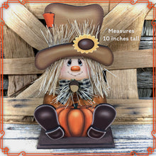 Load image into Gallery viewer, Fall Scarecrow decoration, tier tray, kitchen island fall arrangement, riser decor, wooden shelf sitter, Halloween, Farmhouse, Thanksgiving
