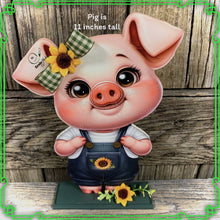 Load image into Gallery viewer, Farmhouse pig decoration, Tiered tray pig decor, pig shelf sitter, baby pig with bow, Wooden pig, pig kitchen decoration, Pig farmhouse sign