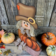 Load image into Gallery viewer, Fall Scarecrow decoration, Pumpkin and Scarecrow porch decor, Autumn Pumpkin arrangement for entry way, Halloween, Farmhouse, Thanksgiving