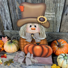 Load image into Gallery viewer, Fall Scarecrow decoration, Pumpkin and Scarecrow porch decor, Autumn Pumpkin arrangement for entry way, Halloween, Farmhouse, Thanksgiving