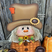 Load image into Gallery viewer, Scarecrow, Pumpkin centerpiece, Fall wood decor, Thanksgiving porch decor, Primitive Scarecrow on pumpkin sign, Fall arrangement, Halloween