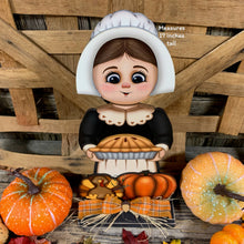 Load image into Gallery viewer, Thanksgiving Pilgrim and Turkey decor, fall shelf sitter, Fall Countertop decor, Thanksgiving centerpiece, girl Pilgrim, Turkey, Pumpkin pie
