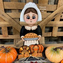 Load image into Gallery viewer, Thanksgiving Pilgrim and Turkey decor, fall shelf sitter, Fall Countertop decor, Thanksgiving centerpiece, girl Pilgrim, Turkey, Pumpkin pie