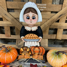Load image into Gallery viewer, Thanksgiving Pilgrim and Turkey decor, fall shelf sitter, Fall Countertop decor, Thanksgiving centerpiece, girl Pilgrim, Turkey, Pumpkin pie