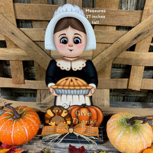 Load image into Gallery viewer, Thanksgiving Pilgrim and Turkey decor, fall shelf sitter, Fall Countertop decor, Thanksgiving centerpiece, girl Pilgrim, Turkey, Pumpkin pie