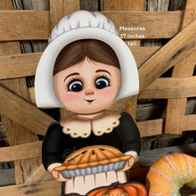 Load image into Gallery viewer, Thanksgiving Pilgrim and Turkey decor, fall shelf sitter, Fall Countertop decor, Thanksgiving centerpiece, girl Pilgrim, Turkey, Pumpkin pie
