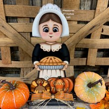 Load image into Gallery viewer, Thanksgiving Pilgrim and Turkey decor, fall shelf sitter, Fall Countertop decor, Thanksgiving centerpiece, girl Pilgrim, Turkey, Pumpkin pie
