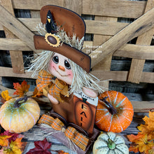 Load image into Gallery viewer, Fall Scarecrow decoration, Pumpkin and Scarecrow porch decor, Autumn Pumpkin arrangement for entry way, Halloween, Farmhouse, Thanksgiving