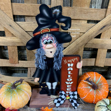 Load image into Gallery viewer, Fall Halloween decoration, Witch and black cat decor, fall kitchen countertop, mantle, Wooden Witch sign shelf sitter, witch hat arrangement