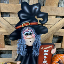 Load image into Gallery viewer, Fall Halloween decoration, Witch and black cat decor, fall kitchen countertop, mantle, Wooden Witch sign shelf sitter, witch hat arrangement